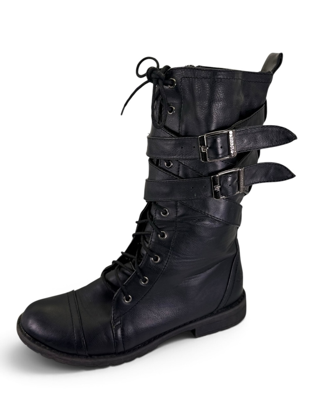 Black Lace-Up Combat Boot with Buckle Straps - Women's